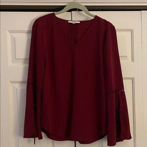 RO & DE Deep Burgundy V-Neck Bell Sleeve Blouse